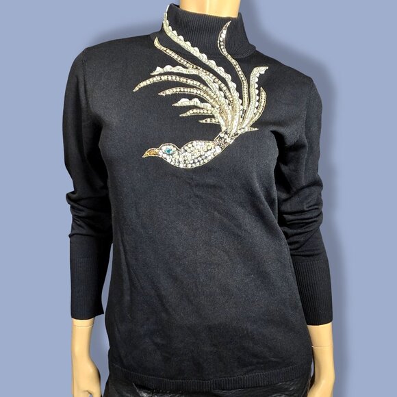 Vintage Black Sweater Silver Sequined Beaded Bird Size M High Neck 90s Y2K - Picture 2 of 11